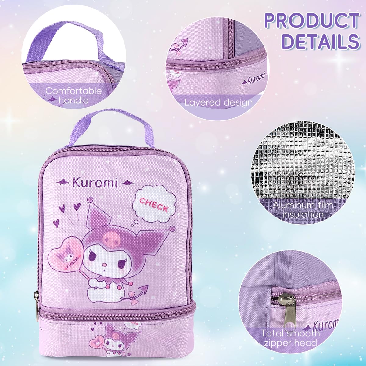 HASTHIP Lunch Box Carrier Bag for School with Double Layer Insulation and 600D Oxford | 18X10X24CM Kawaii Design