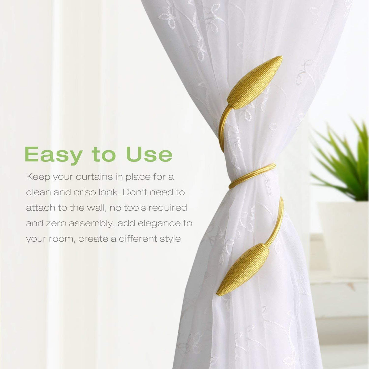 HASTHIP Curtain Tiebacks for Drapes featuring Magnetic Holders Pack of 2 Gold | DIY Use