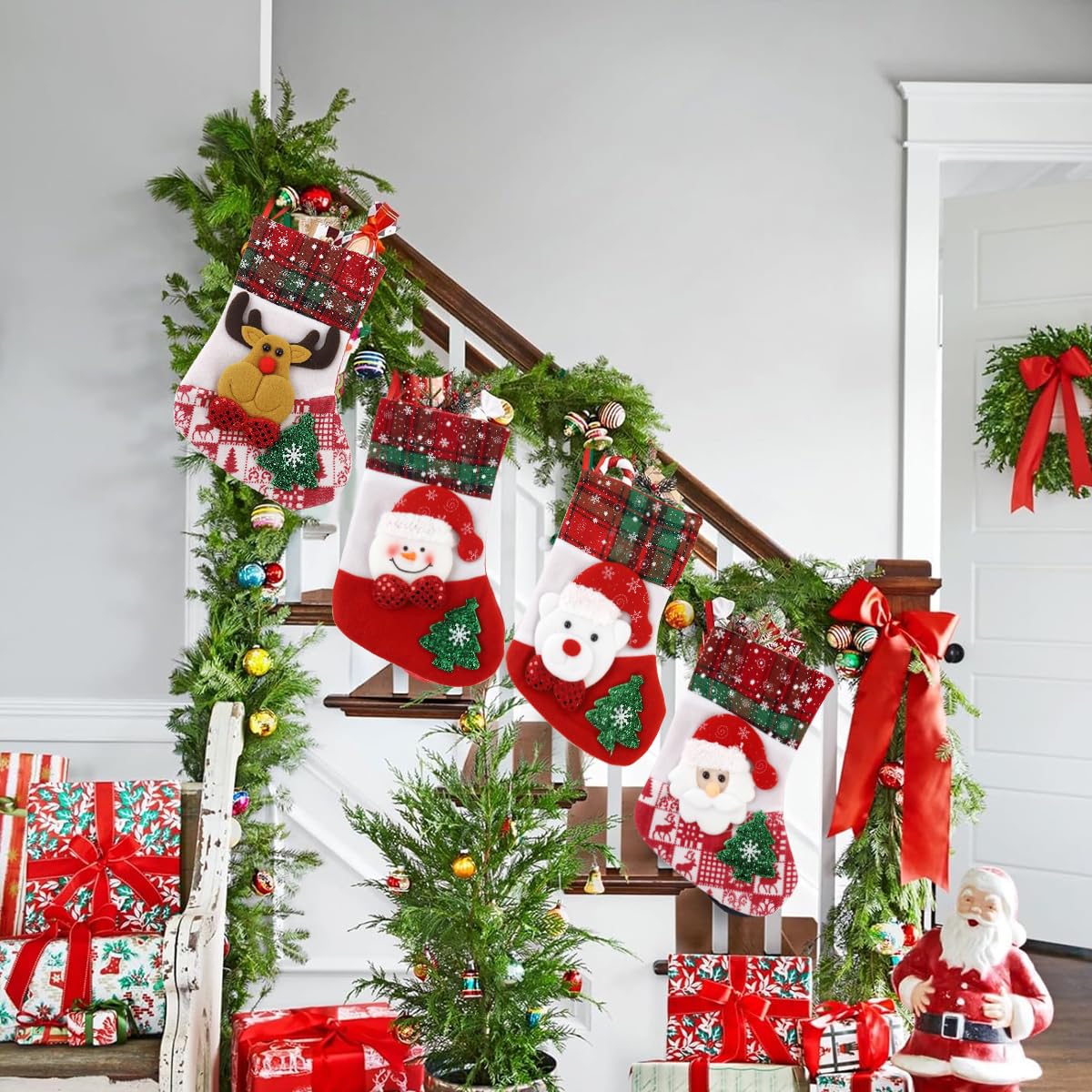HASTHIP Christmas Stockings Set for Tree and Door with 9.8 in Size Loop Hanging | 4 Red Designs