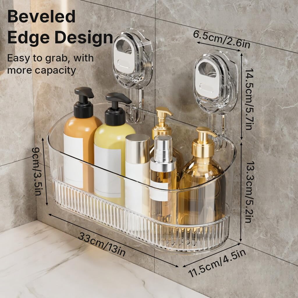 HASTHIP® No-Drill Bathroom Suction Storage Box, Large Capacity Strong Load-Bearing Suction Cup Storage Rack with Drain Holes, Removable Shower Caddy Hanging Wall Mount Kitchen Organizer-Transparent