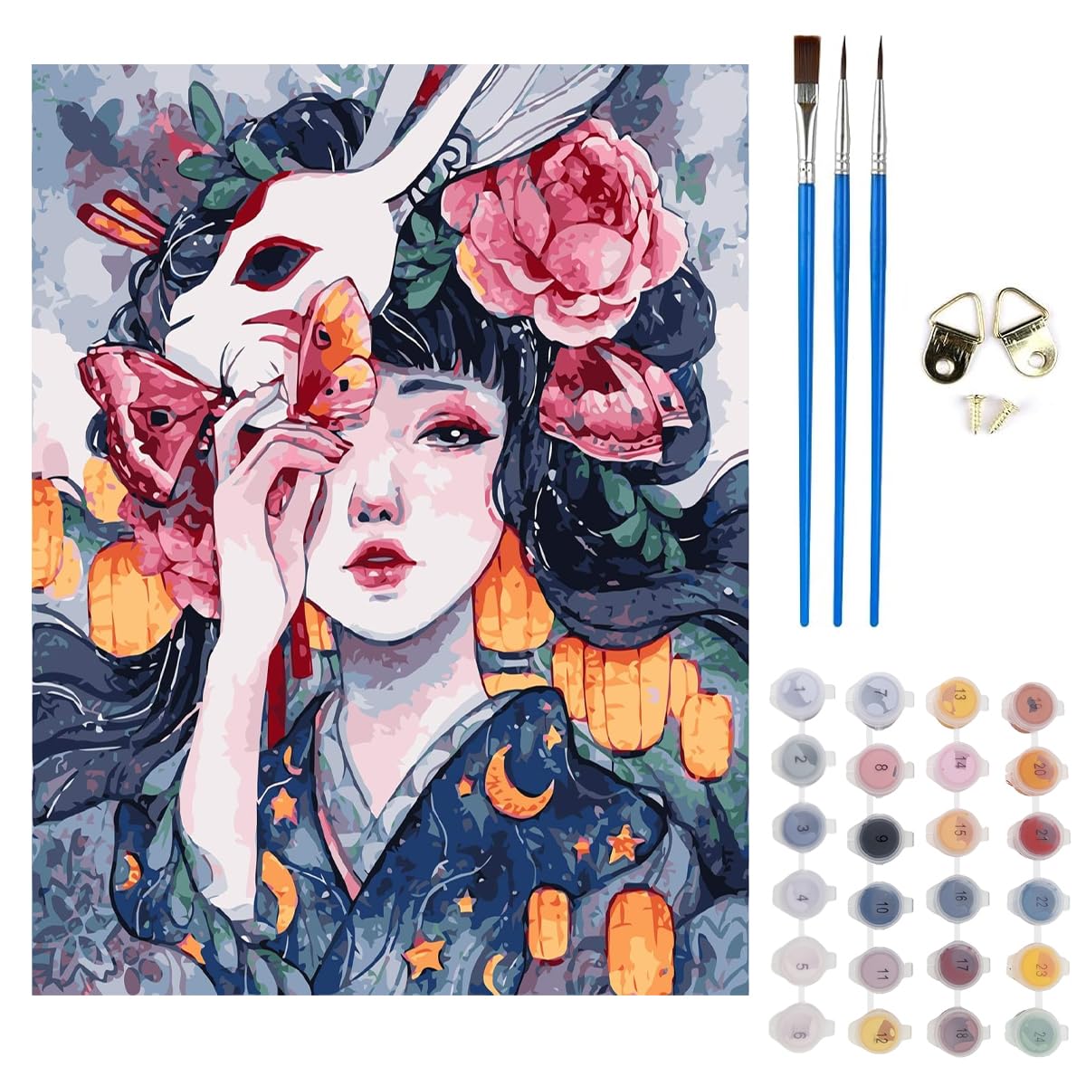 HASTHIP Paint by Number Kit for Japanese Courtesan Art with Acrylic Paints 15.7x20 in Canvas | Ideal DIY Gift and Wall Decor