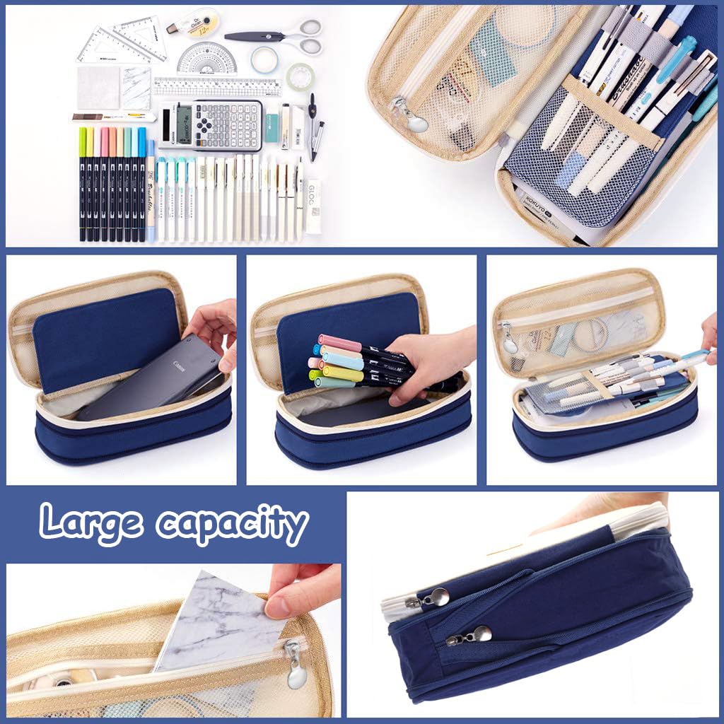 HASTHIP Pencil Pouch for Kids and Students with Double Zipper and Multi Compartments | 22x11cm Navy Blue 3 PCS