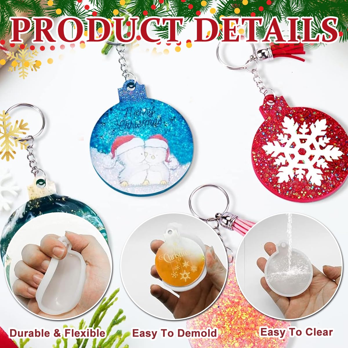 DIY Christmas Tree Hanging Ornament Resin Mold Set of 6pcs 2.75" Round Pendant Silicone Molds for Epoxy Resin, DIY Keychain Pendent Mold