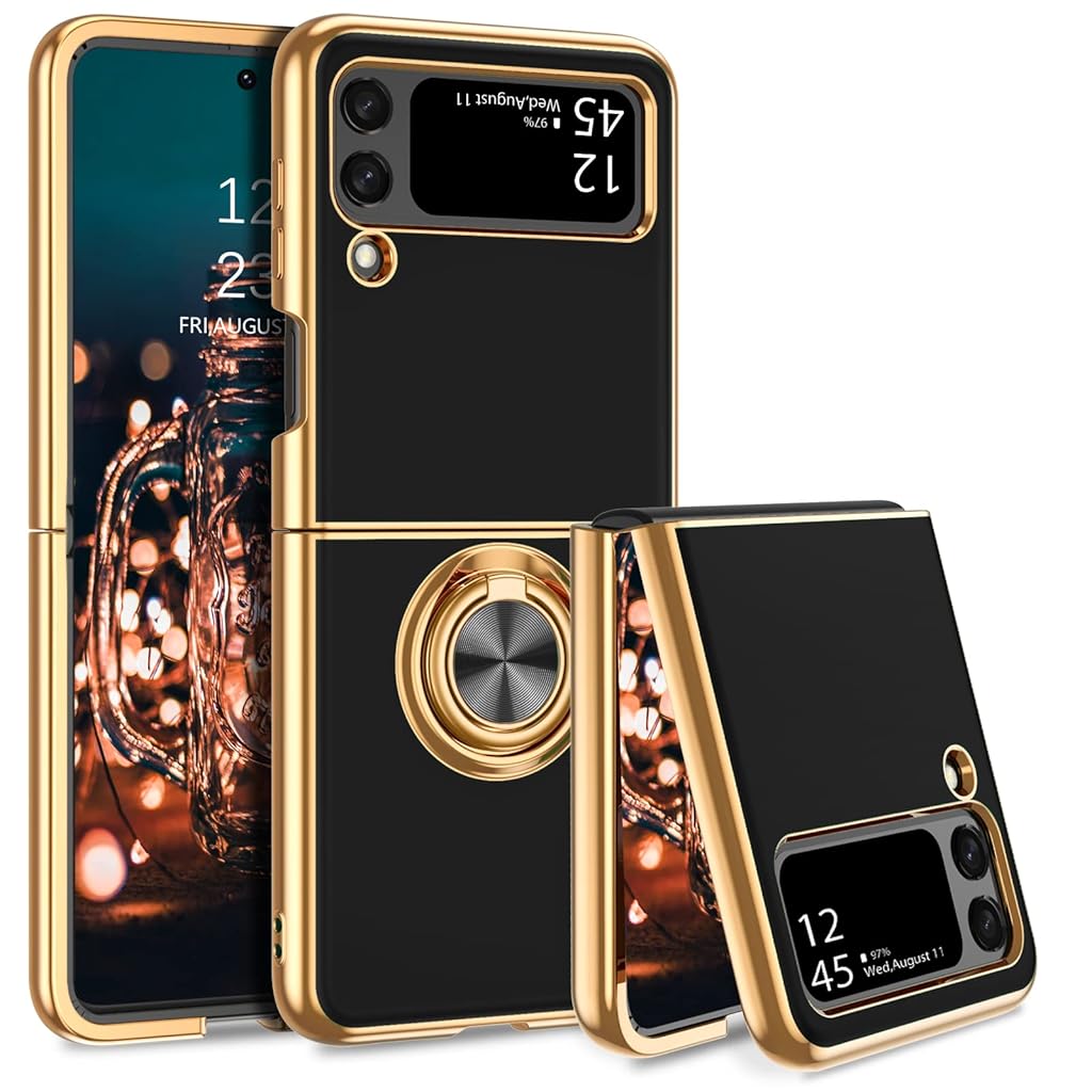 HASTHIP® TPU Phone Case with Metal Frame and Phone Grip for Samsung Galaxy Z Flip 4 - Anti-Scratch, Dustproof, Lightweight, Foldable Protector with Stand, Durable and Stylish Cover