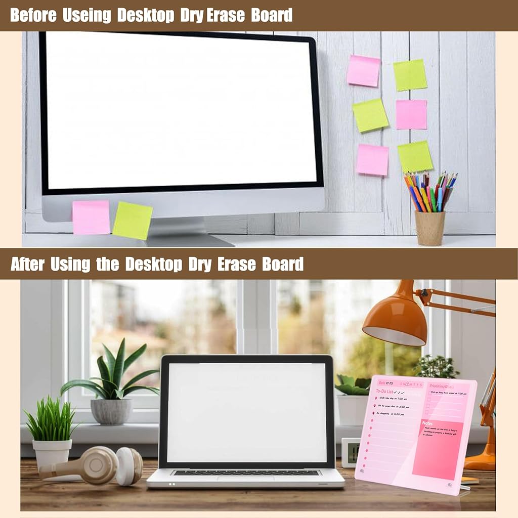 HASTHIP® Compact Desktop Dry Erase Board - 12x10 Inch Thickened Acrylic Task Planner with Stand, Space-Saving Pink Memo Board for Home Study & Office Work-Pink