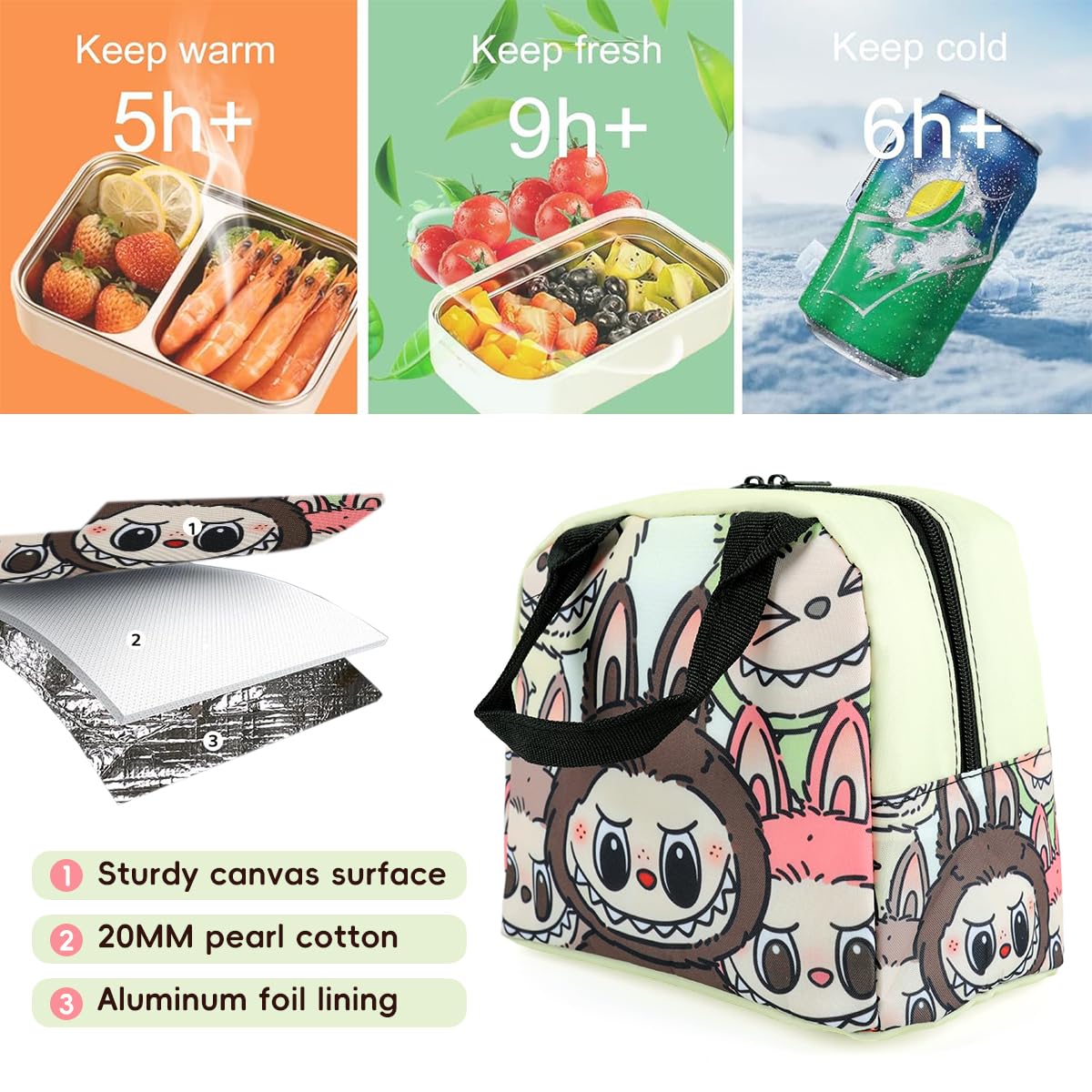 HASTHIP Insulated Lunch Bag for School and Office with Leak Proof Zipper and 23x13x20 cm Storage | Cartoon Design for Kids and Adults