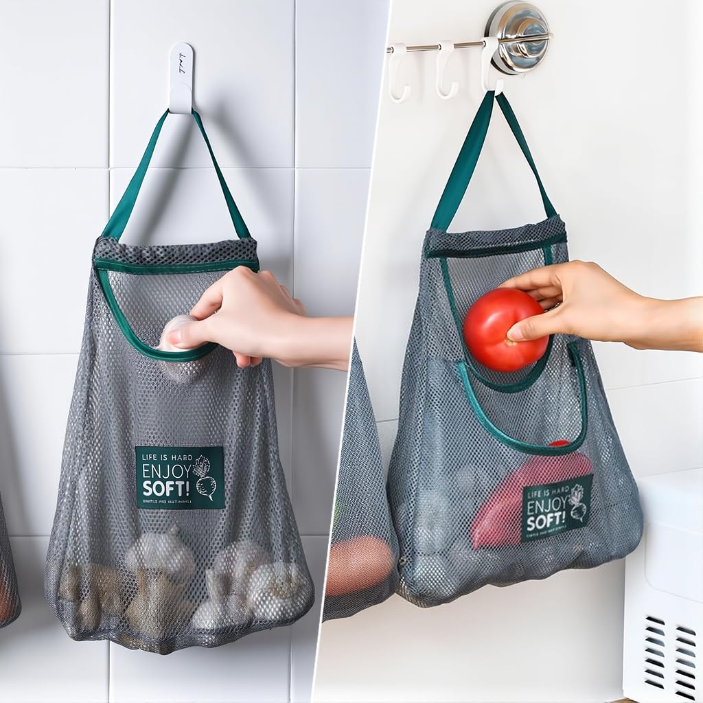 HASTHIP Hanging Mesh Storage Bags for Kitchen Produce featuring Dual Pocket Net Design | 3pcs Reusable Mesh Fabric