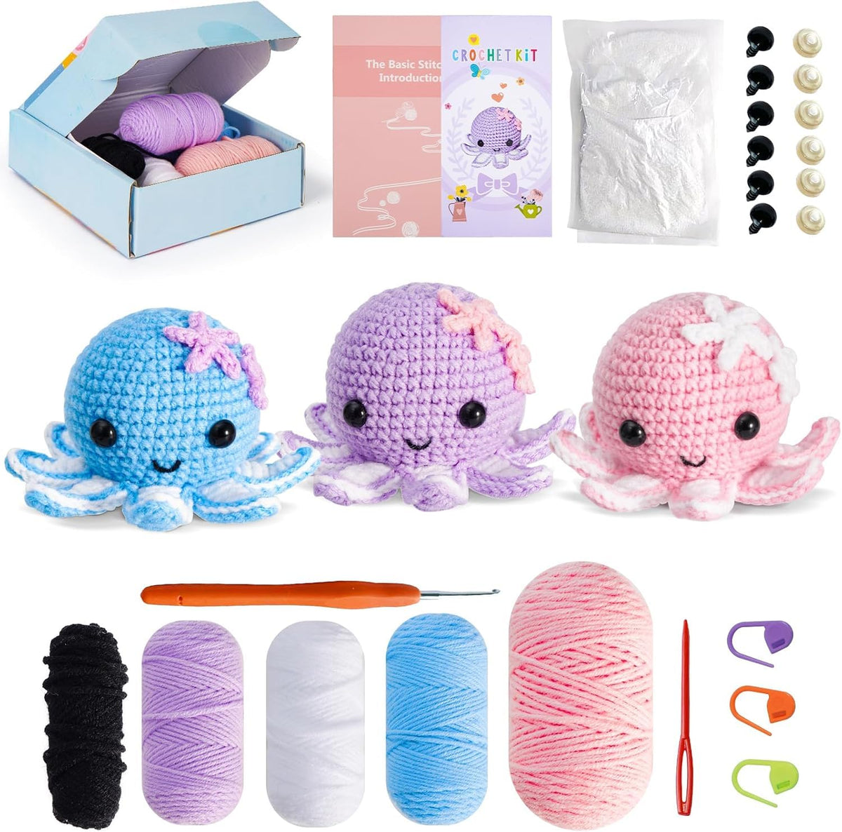 HASTHIP® DIY Octopus Crochet Kit, Beginner's DIY Amigurumi Crochet Starter Set with Yarn, Hook, Safety Eyes & Stuffing, Make 3 Cute Octopus Plush Toys with Step-by-Step Instructions