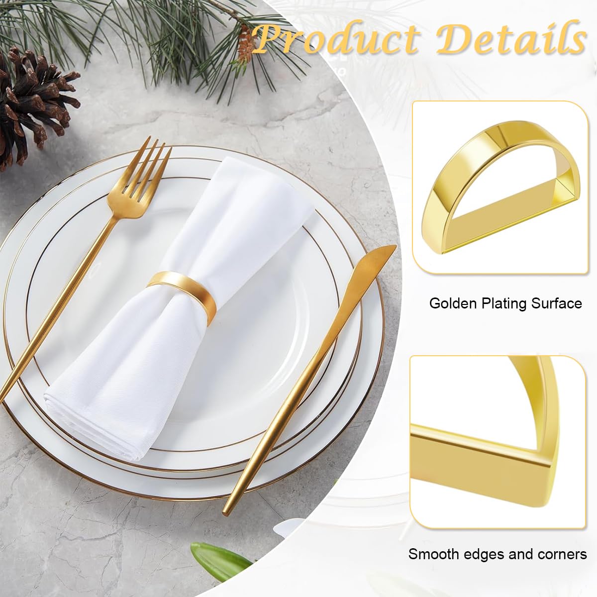 HASTHIP Napkin Rings for Dining Table featuring Golden Semicircle Design and 24PCS Set