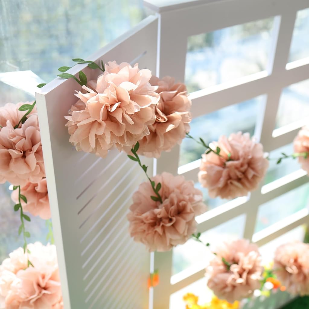 HASTHIP® Pink Paper Flower Garland 2.5 Meters, Tissue Pom Pom Floral Vine Decoration with Green Leaves, Romantic Boho Party Decor for Wedding, Baby Shower, Birthday