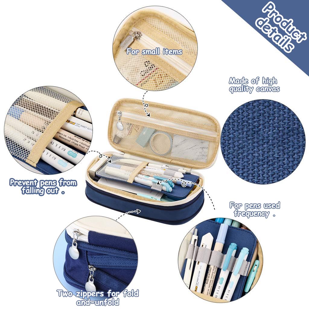 HASTHIP Pencil Pouch for Students with Double Zipper and Multiple Compartments 22x11cm Navy Blue 2 PCS