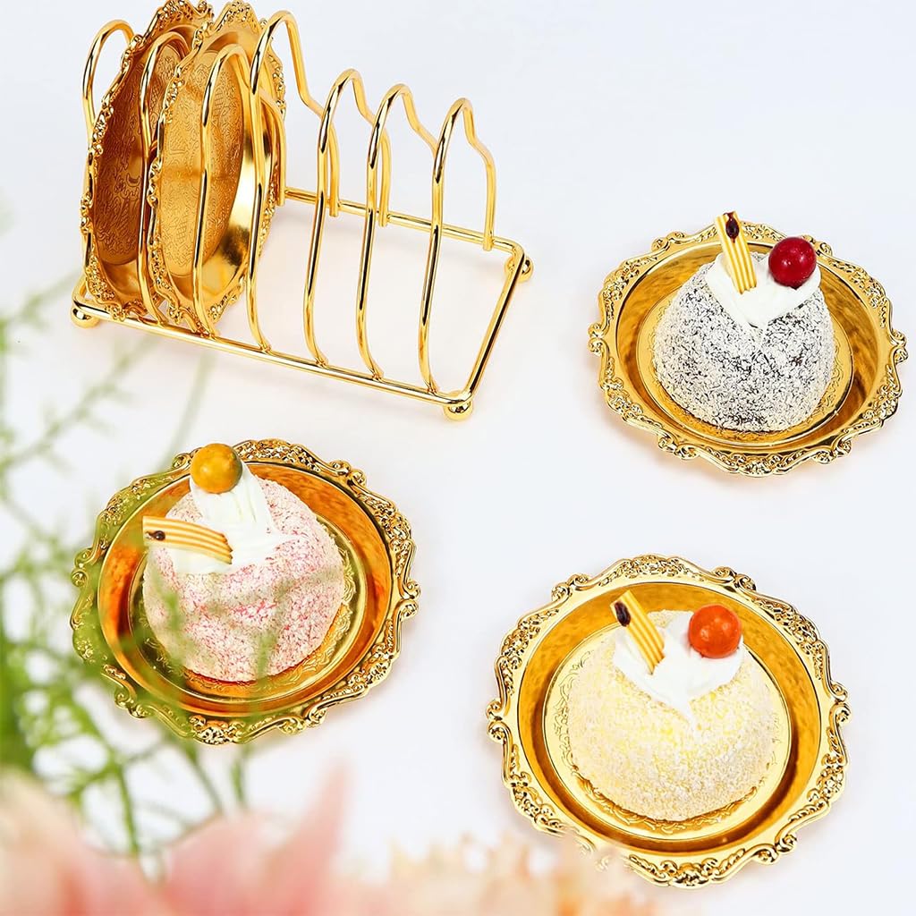 HASTHIP® Set of 6 Small Dessert Plates 3.9 inches Golden Dessert Plates with Golden Metal Stand Luxury Golden Embossing Dessert Plates for Party, Banquet, Birthday, Festivals