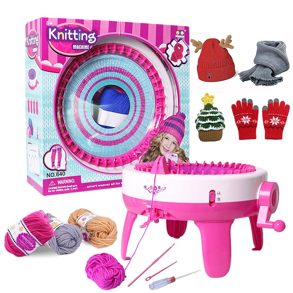 HASTHIP Knitting Machine Set for DIY Hats and Scarves with 40 Stitch Hand Crank Loom | Multicolor Yarn and Tools Included