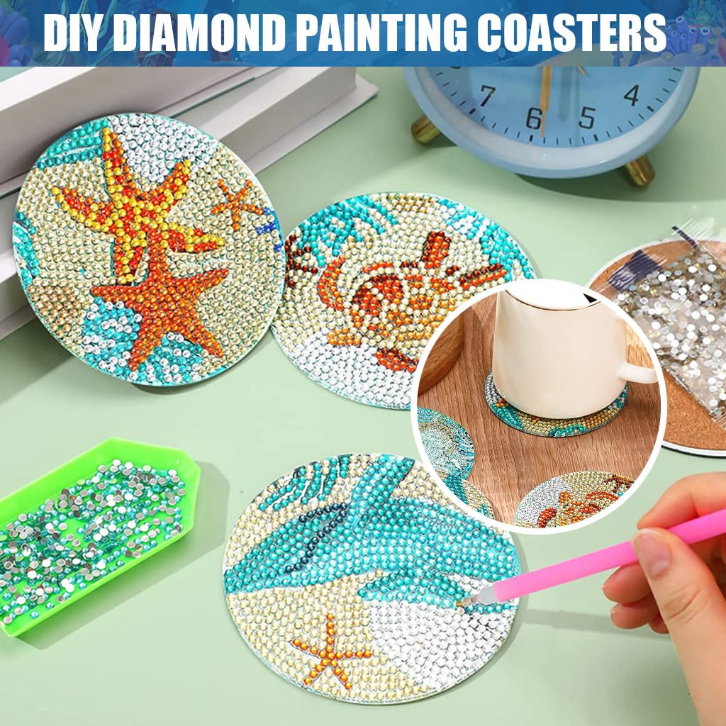 HASTHIP Sunflower Diamond Painting Coaster Set with Holder for DIY Art & Home Decor | 10Pcs Acrylic Round Craft Kit