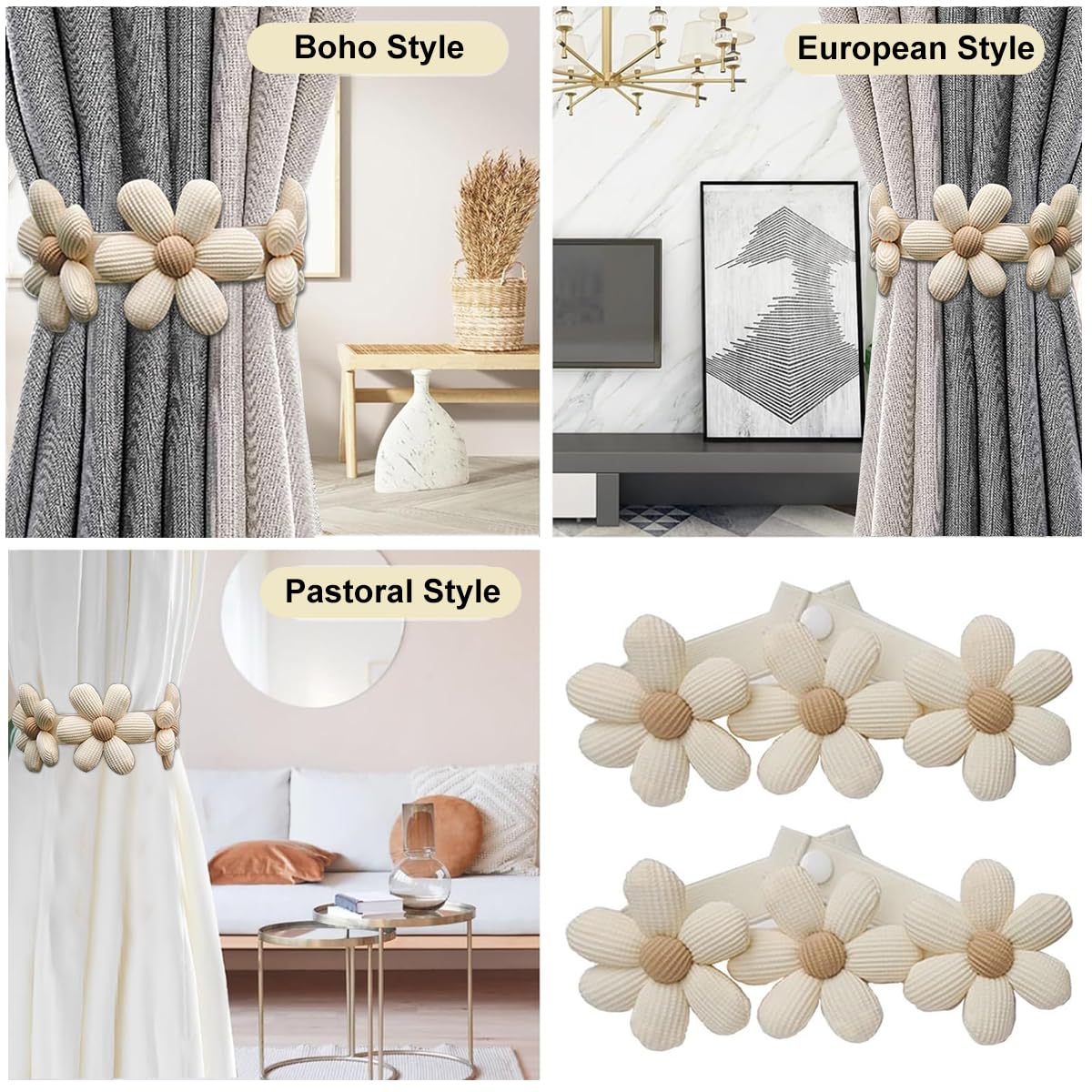 HASTHIP Curtain Tiebacks for Drapes with Pearl Flower Design and Elastic Cord | 2 Pack