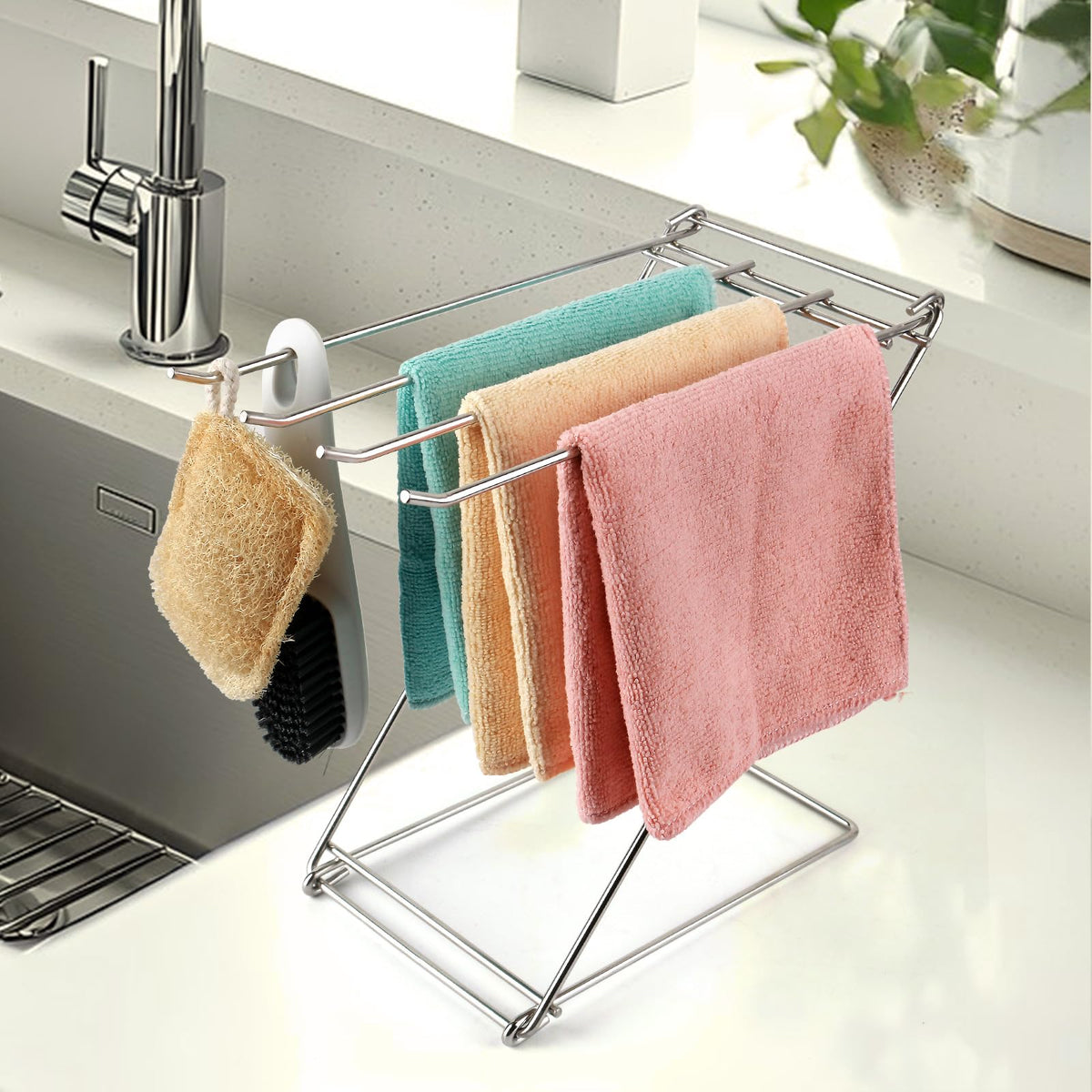 HASTHIP® Kitchen Towel Rack with 4 Foldable Arms, Stainless Steel Freestanding Dish Towel Holder, Non-Slip Base Organizer for Bathroom and Countertop Drying Stand