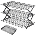 HASTHIP® 3 Tier Collapsible Cooling Rack, Heavy Duty Non-Stick Stackable Baking Rack with Adjustable Folding Design, Multi-Layer Wire Tray for Cooking, Roasting, Grilling & Baking - Black