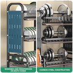 HASTHIP Kitchen Utensils Drying Rack for Storage with 3 Tier 63x42x24.5 cm Carbon Steel | Hook and Cutlery Holder