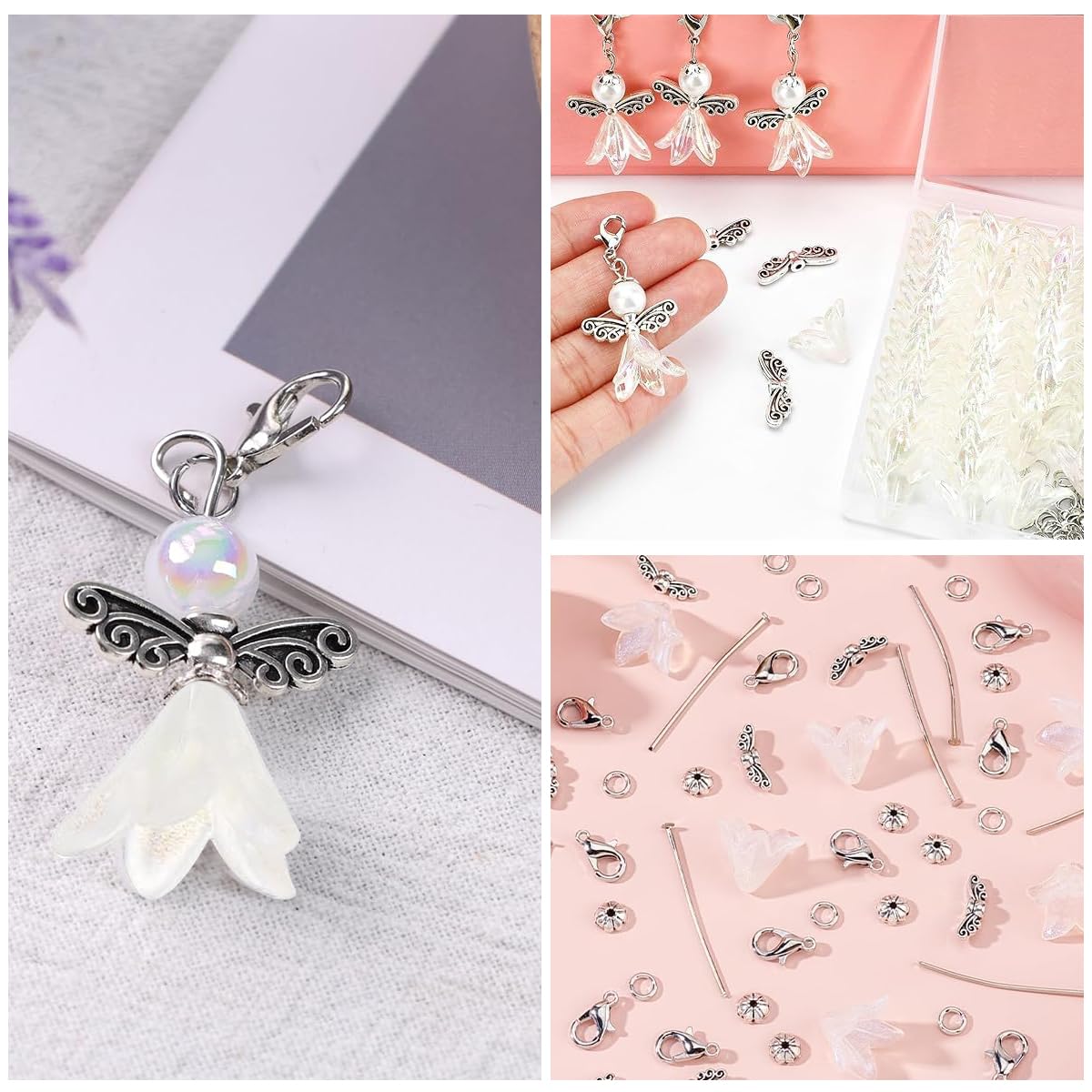 HASTHIP DIY Angel Wing Charms Kit for Jewelry Making with 50Pcs Pearl & Lily Components