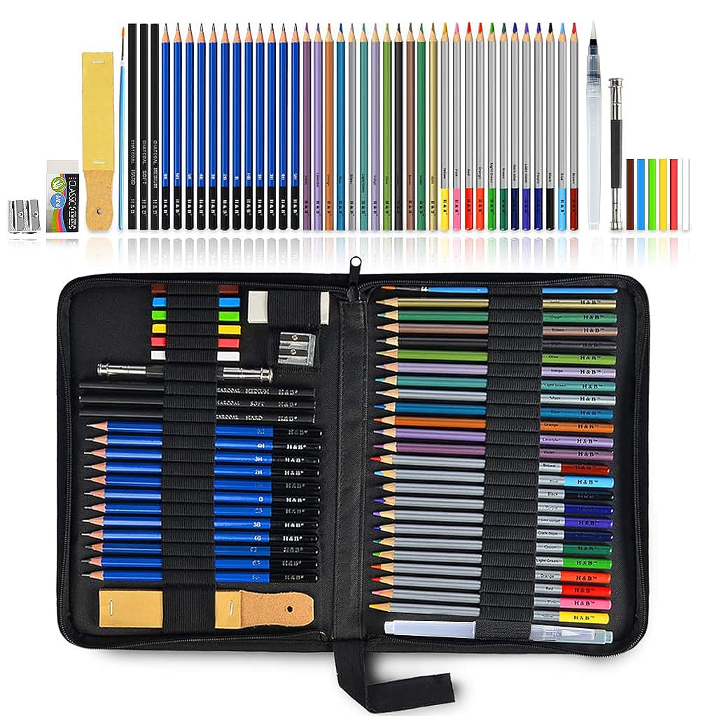 HASTHIP Sketching Kit for Artists and Students with 51 Pcs Tools & Zipper Case | Non Toxic Wood Pencils and Charcoal