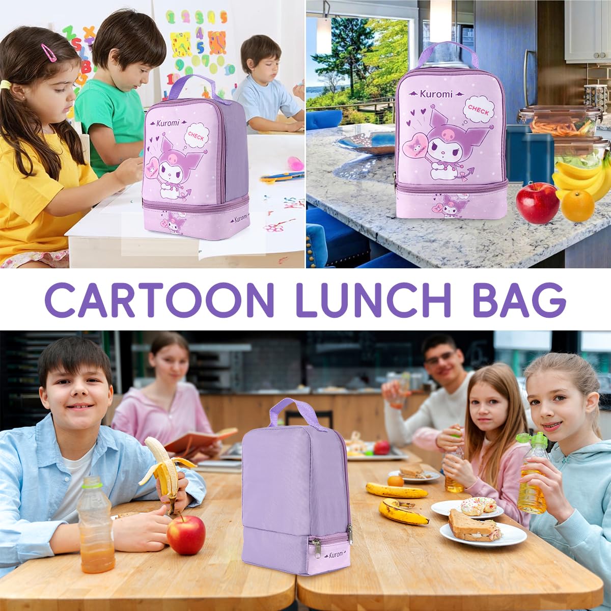 HASTHIP Lunch Box Carrier Bag for School with Double Layer Insulation and 600D Oxford | 18X10X24CM Kawaii Design
