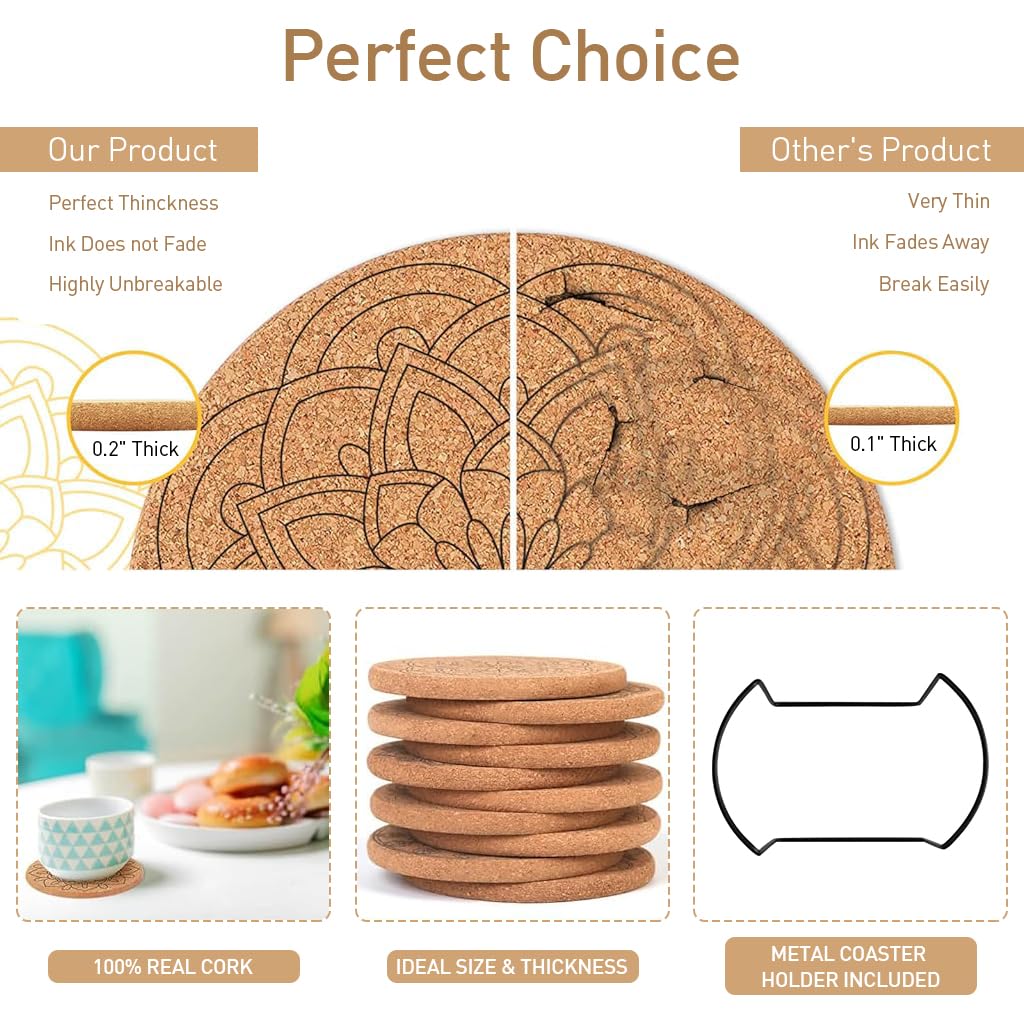 HASTHIP Mandala Coasters for Tea and Coffee Cups with 12pcs 3.9 in Cork Design | Organizer Rack Gift Set