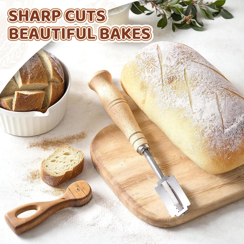 HASTHIP® Cuchilla para pan con 5 hojas reemplazables,cuchillo de pan de acero inoxidable con mango madera,herramienta profesional para cortar y decorar masa agria y artesanal