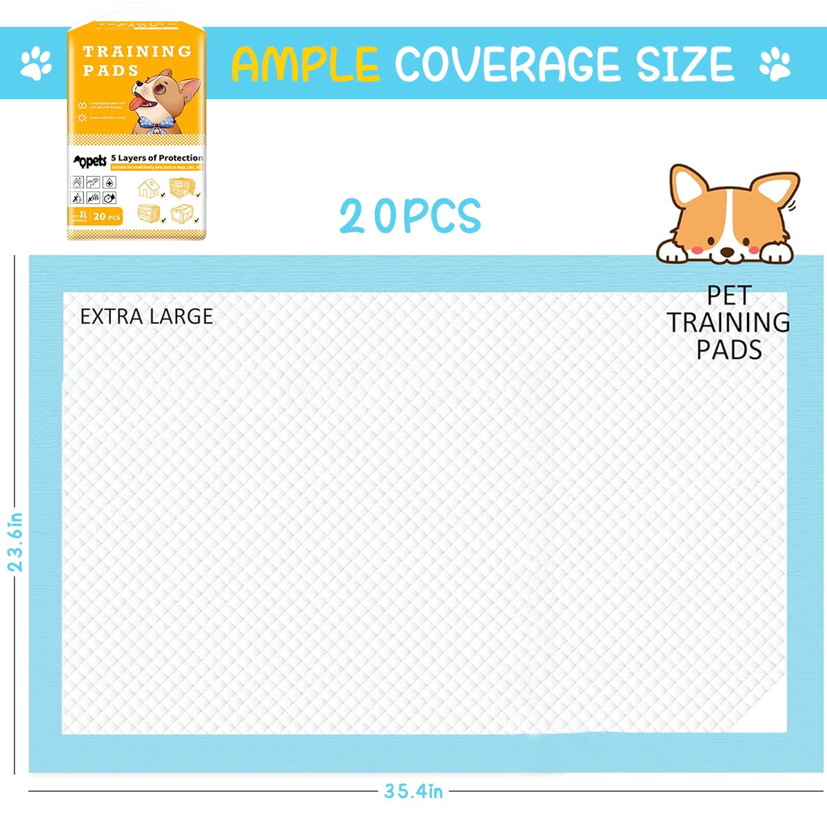 HASTHIP® Dog Pee Pads, Puppy Pee Pads for Dogs, Leak-ProofFast AbsorptionHeavy Duty, Dog Pee Mats Ideal for Potty Training, Prevents Odor & Bacterial Growth - 20 Pack, 23.6 x 35.4 inches