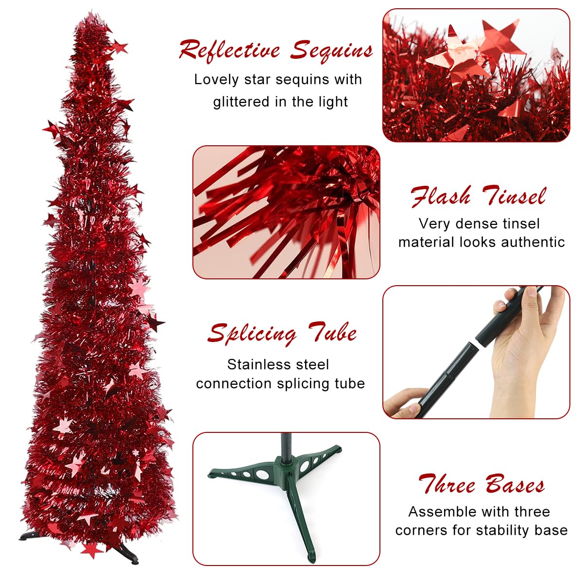 HASTHIP Christmas Tree for Holiday Decor with 1.5 m Red Tinsel Garland & Easy DIY Assembly