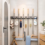 HASTHIP® Aluminum Wall Mop Holder, No Drill Push-in Mop Holder Organizer with 6 Hooks, Space Saving Cleaning Tool Organizer for Bathroom Garage