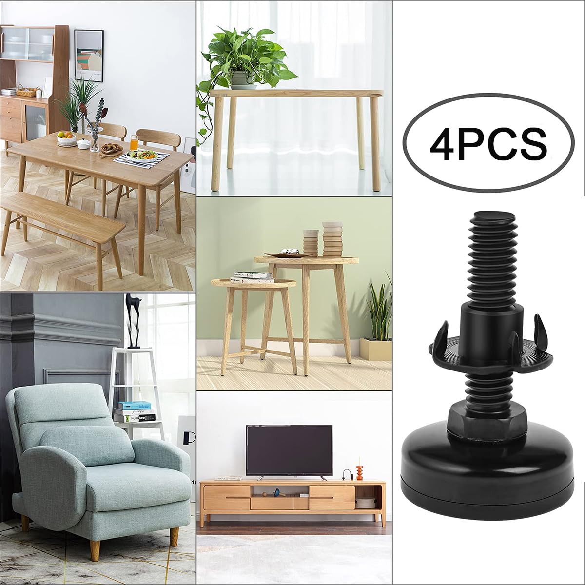 4PCS 3/8" Threaded Leveling Feet Adjustable Table/Furniture Feet Leveler Adjustable Furniture Feet, High Load Capacity 1320LB, Furniture Levelers Foot with T- Nut Kit 3/8"-16 Thread