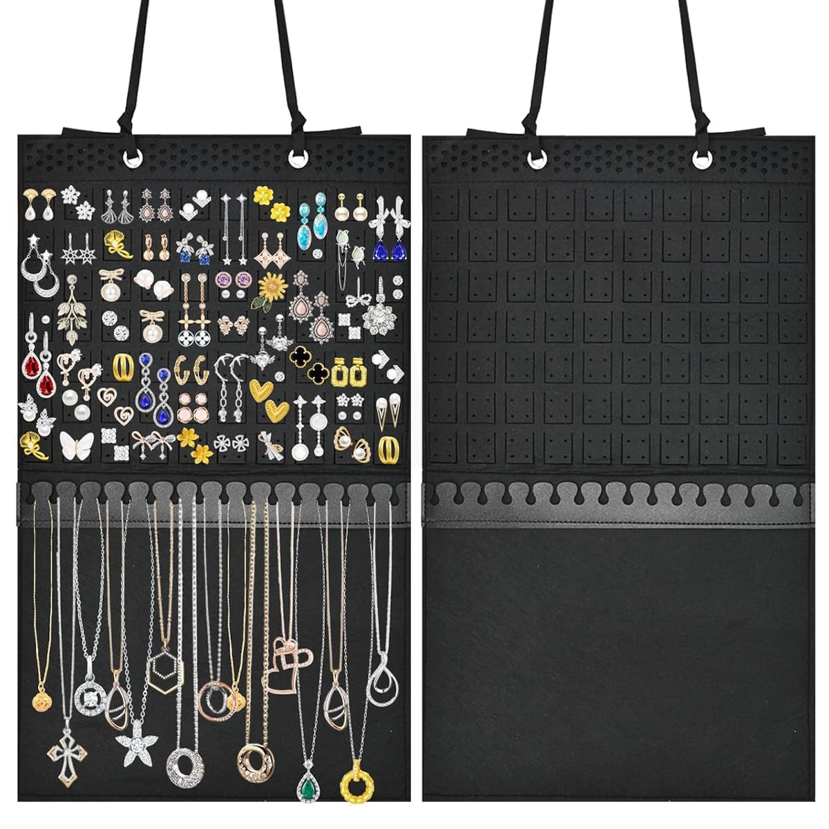 HASTHIP Hanging Jewelry Organizer for Earrings and Necklaces with 140 Holes and 16 Hooks | Felt Display Holder 57×34.5 cm
