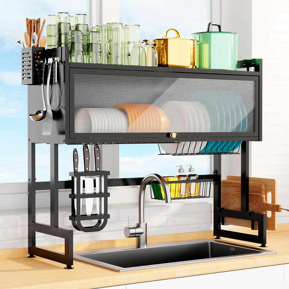 HASTHIP Over Sink Kitchen Organizer for Cutlery and Dishes featuring 2 Tier Carbon Steel Rack