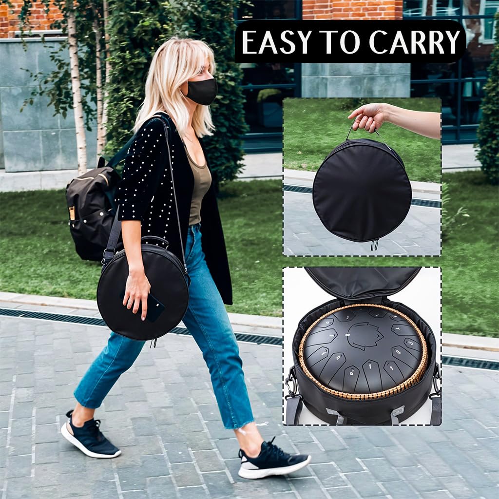 HASTHIP Steel Tongue Drum for Meditation with 15 Notes 13 in Titanium Alloy | Black Handpan Instrument