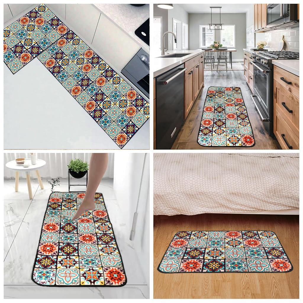 HASTHIP® 2 Pcs Kitchen Comfort Rugs Anti-Fatigue Floor Mat for Kitchen, Diatom Absorbent Standing Mat Soft & Quick-Dry, Retro Floral Mat for Kitchen, Entry, Bathroom, 120x40cm & 40x60cm