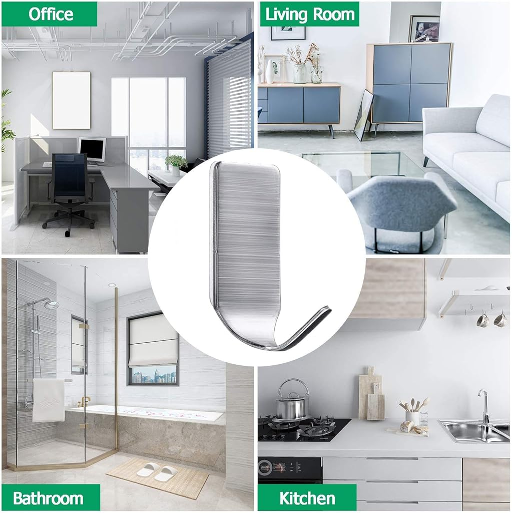 HASTHIP® Hooks for Wall Without Drilling, Stainless Steel Adhesive Wall Hanger Self Adhesive Waterproof Heavy Duty Sticky Narrow Wall Hooks (Pack 8).