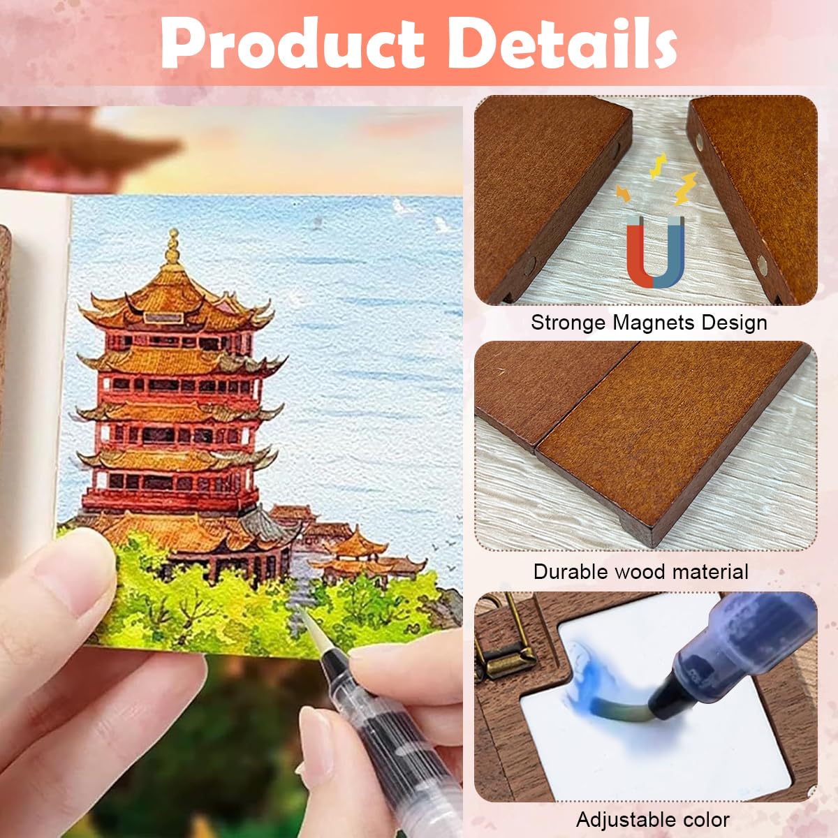 HASTHIP Tear Off Pocket Water Painting Book with 15 Grid Wooden Palette & Brush Pen for Travel Art Sketching | Compact Kit for Creative Painting Anywhere