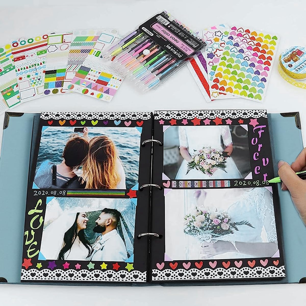 HASTHIP DIY Scrapbook Photo Album Kit for Couple with 60 Pages 8.5x11 in Hardcover | Includes Pens Stickers and Washi Tapes
