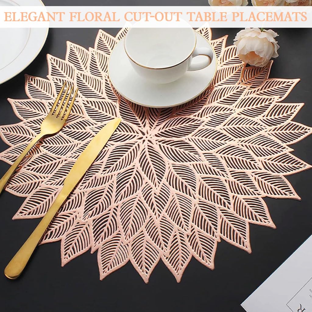 HASTHIP Placemats for Dining Table featuring 15 inch Round Floral Cut Out Design | Gold PVC Set of 6