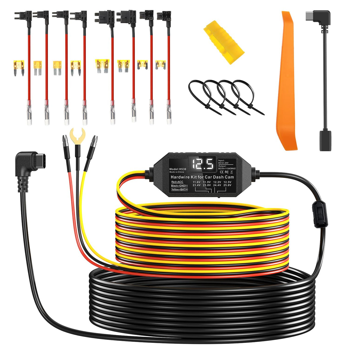 HASTHIP® 11.5ft Dash Cam Hardwire Kit 12V-24V Parking Mode Power Cable with Voltage Protection Display, Low-Voltage Cutoff, USB-C, Fuse Tap Wiring Kit for Dash Cameras, Mirror Cam & GPS Devices