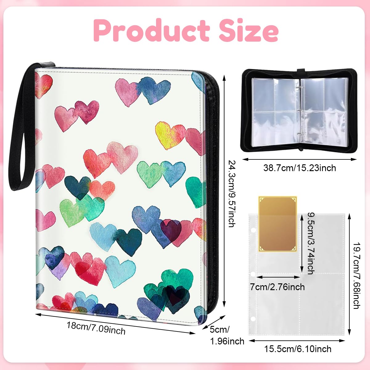HASTHIP Instant Photo Album for Instax & Game Cards with 200 Slots and Zipper Strap | Heart Pattern PU Cover