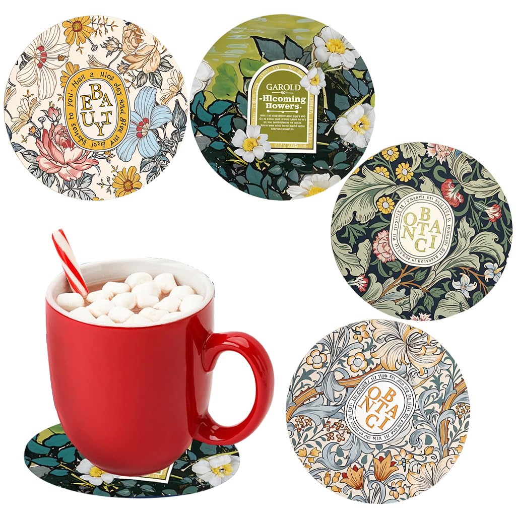HASTHIP Coasters for Table Decor featuring 4.7 in Round Anti Slip Rubber Base | Nordic Floral Print