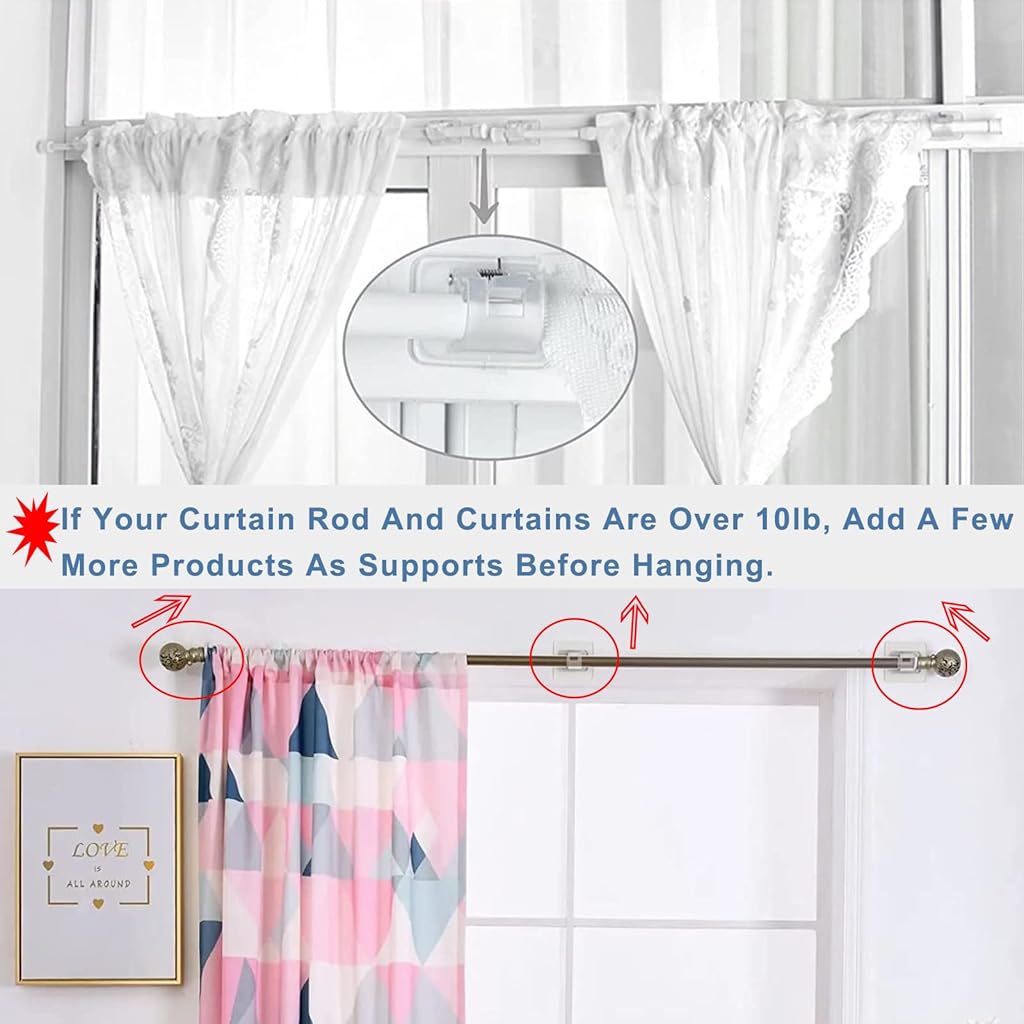 HASTHIP® 6 Pack Curtain Rod Brackets No Drill Adhesive Supports, Clear Acrylic Snap Closure Pole Holders for Window, Kitchen, Bathroom, Living Room