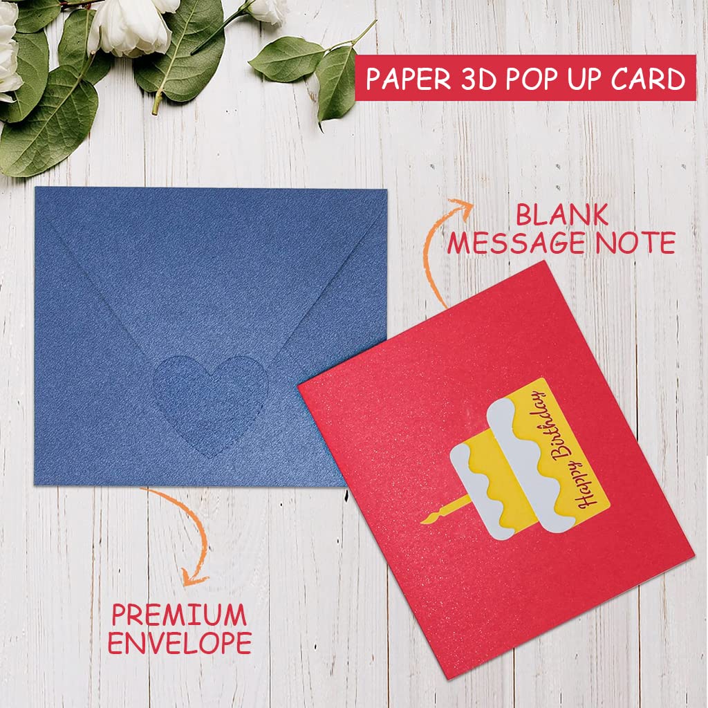 HASTHIP Greeting Card for Birthday with 3D Pop Up Cake Design 15x15cm Red for Mom | Wife