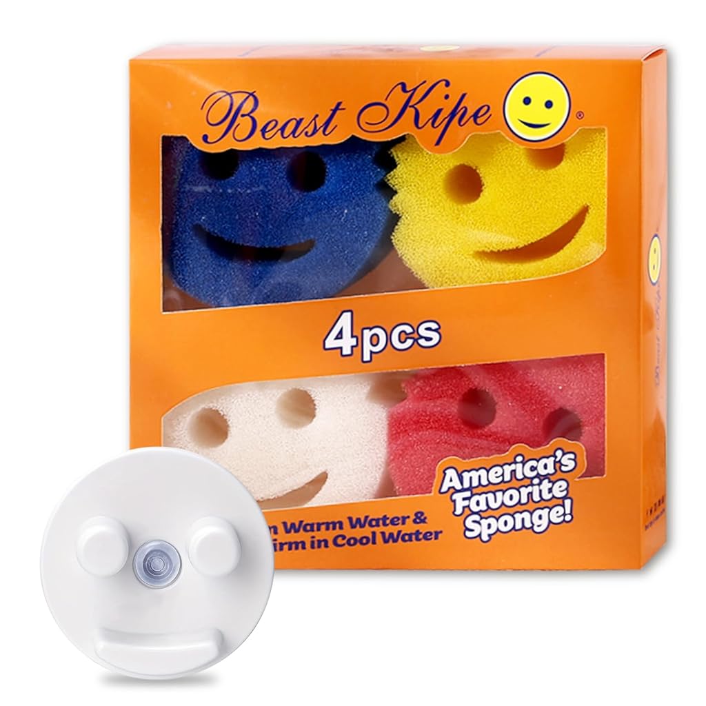 HASTHIP® Juego de 4 Esponjas de Cocina - Estropajo Doble Cara con Ventosas,Esponja Multiusos con Cara Feliz para Limpieza Cocina,Hogar y Exterior