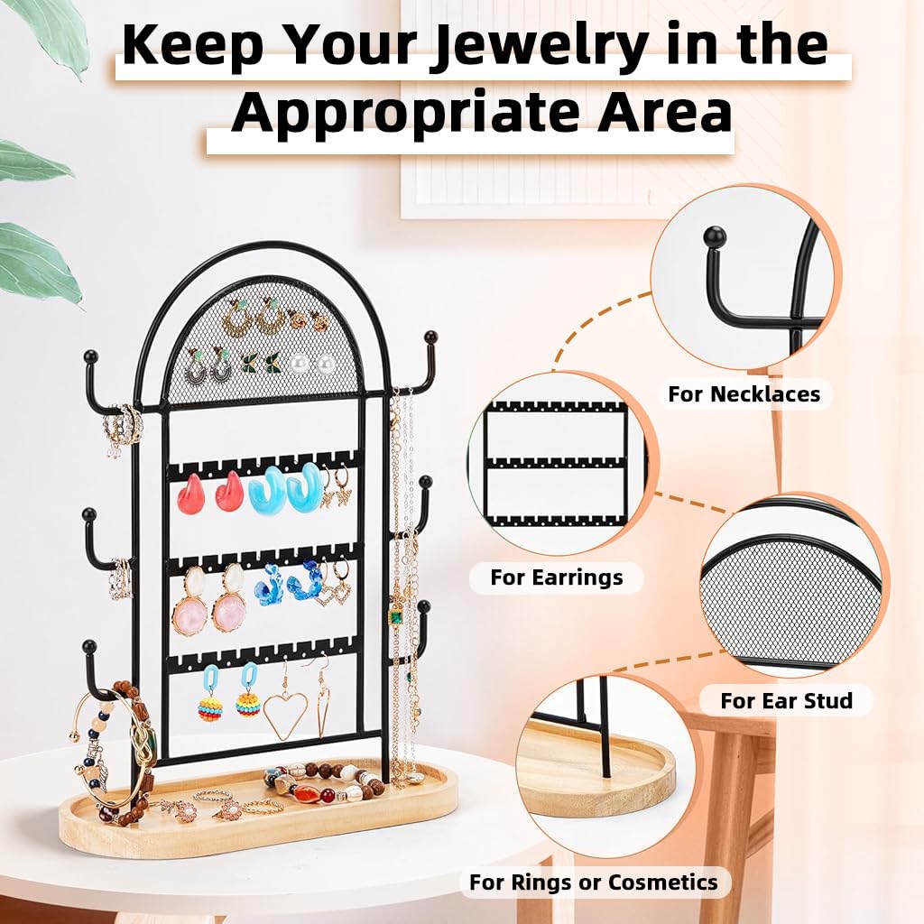 HASTHIP Jewelry Organizer for Desk Use with 3 Tiers 27 Holes 6 Hooks & Wooden Tray | Metal Display Stand for Earrings Necklaces Rings