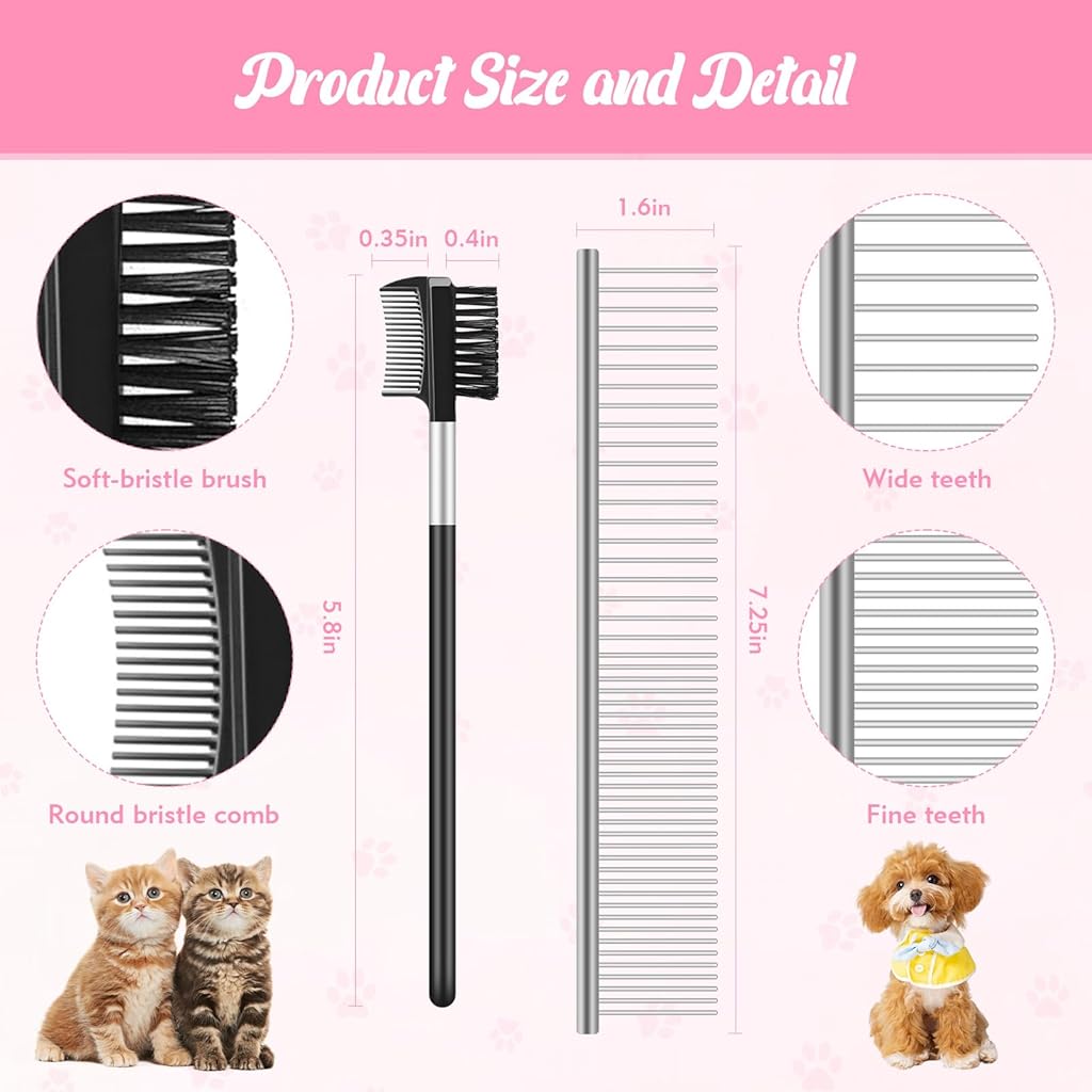 HASTHIP® 6 PCS Flea Comb for Dogs and Cats, Stainless Steel Dog Cat Grooming Combs, Fine & Wide Tooth Lice Comb, Tick Removal Tool, Tear Stain Remover, Dematting Brush, for Small, Medium Pets, Pink