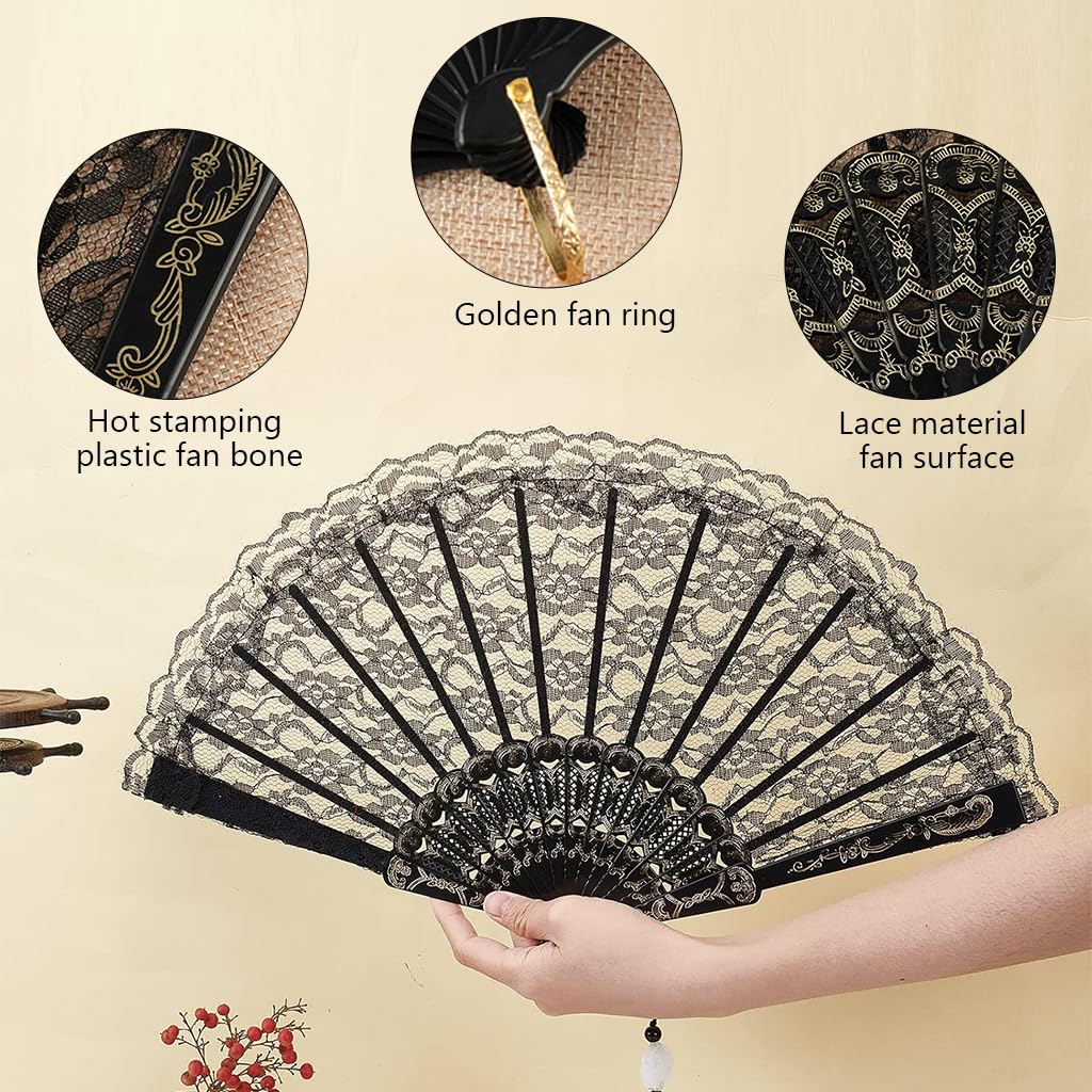 HASTHIP Chinese Hand Fan for Parties and Weddings with Bamboo Frame and Black Lace | 2PCS Set
