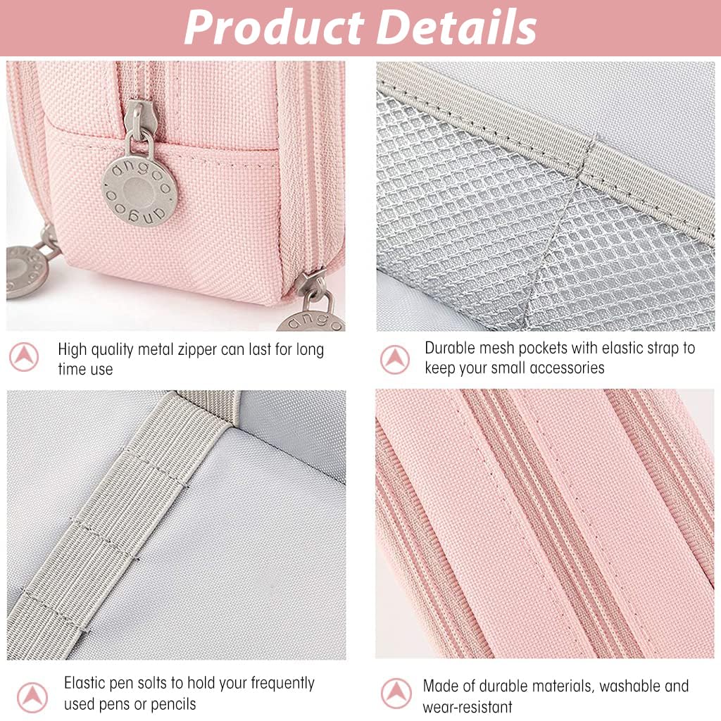 HASTHIP® Large Pencil Pouch with 8 Elastic Pen Sleeves, 3-Zipper Oxford Pencil Box, Pencil Pouch for Girls Aesthetic for School, Office, Makeup or Toiletries, 23.5x6.5x9.5 cm (Pink)