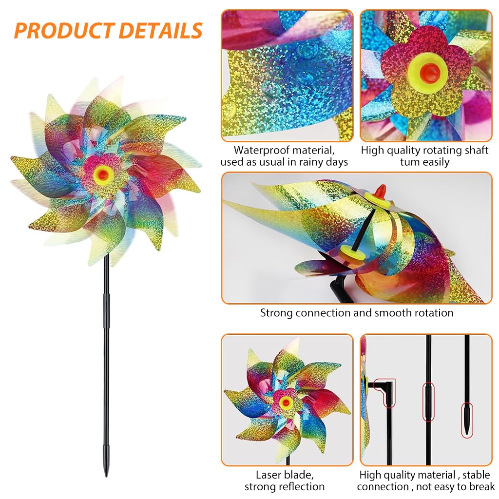 5Pcs Bird Repellent for Balcony, Colorful Reflective Pinwheels Pigeon Scarer, Ornamental 8-blade Windmill Anti Bird Device for Roof Edge, Fence, Garden Yard Lawn